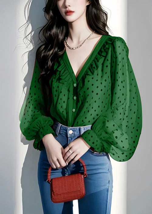 Italian Purple V Neck Ruffled Dot Chiffon Shirts Spring
