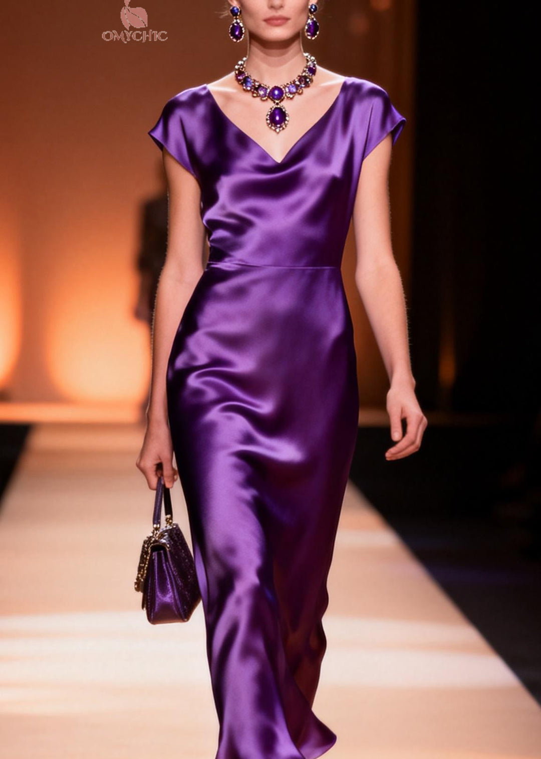 Italian Purple V Neck Silk Long Dress Summer