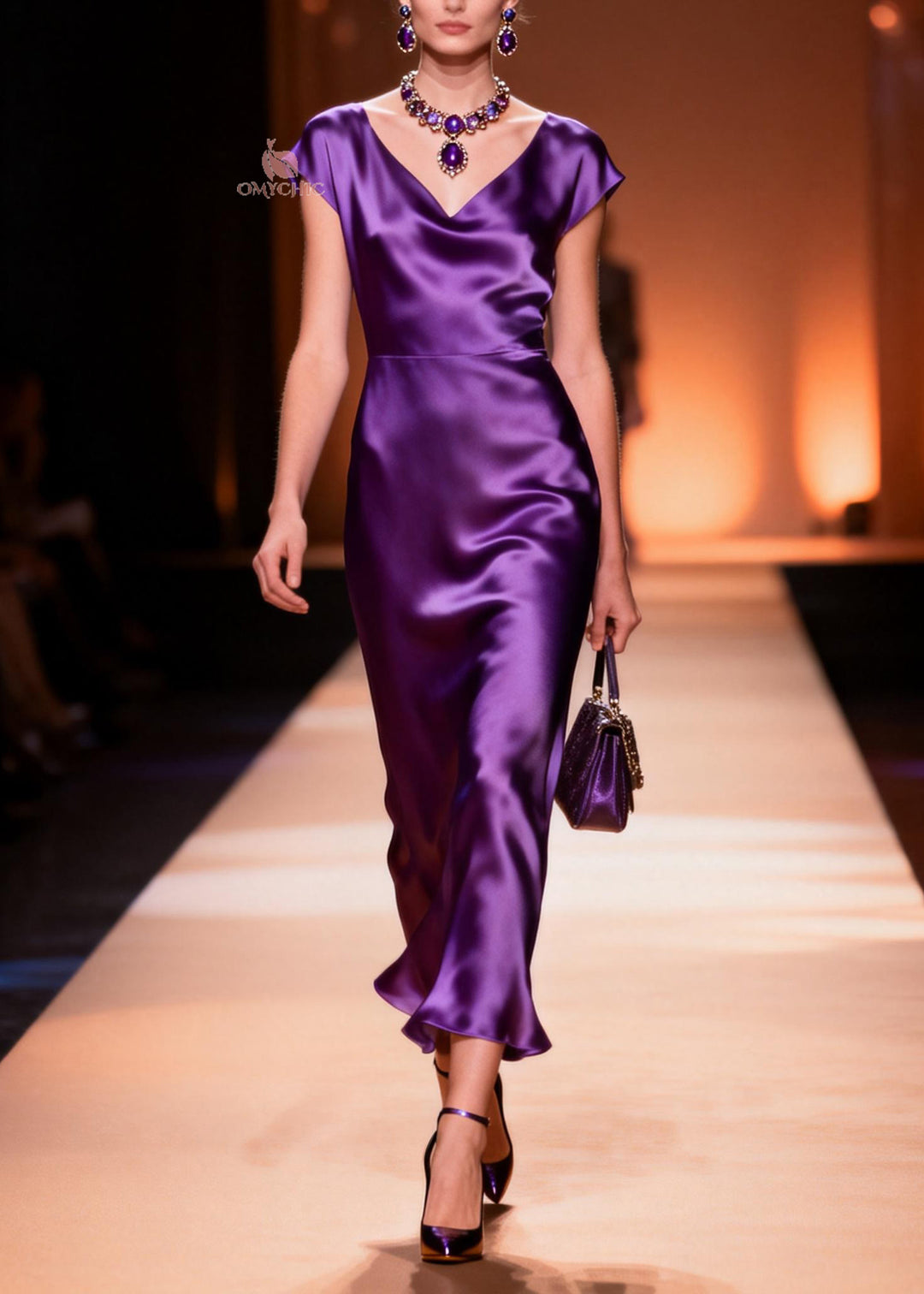 Italian Purple V Neck Silk Long Dress Summer