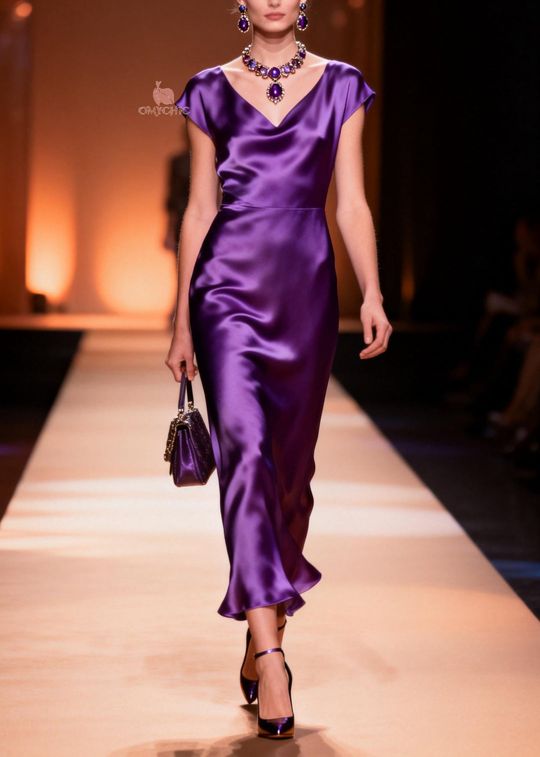 Italian Purple V Neck Silk Long Dress Summer