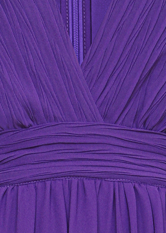 Italian Purple V Neck Wrinkled Chiffon Maxi Dresses Fall