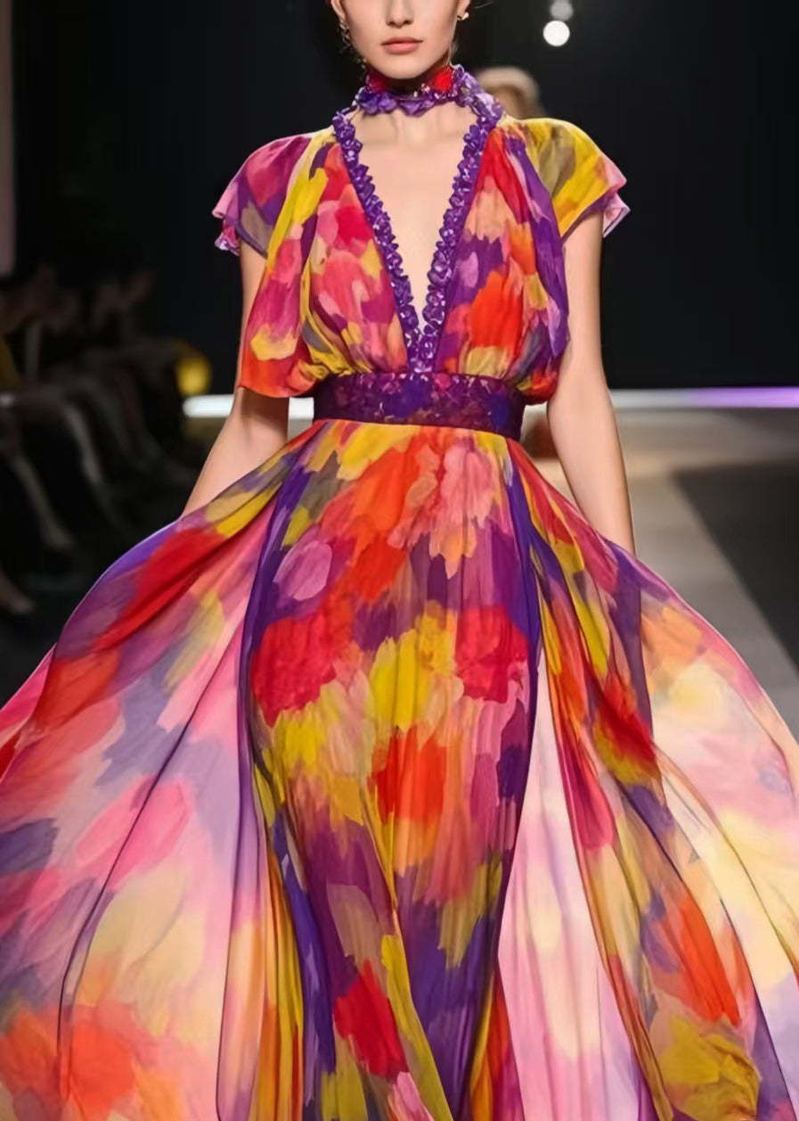 Italian Rainbow Cinched Print Chiffon Dress Summer