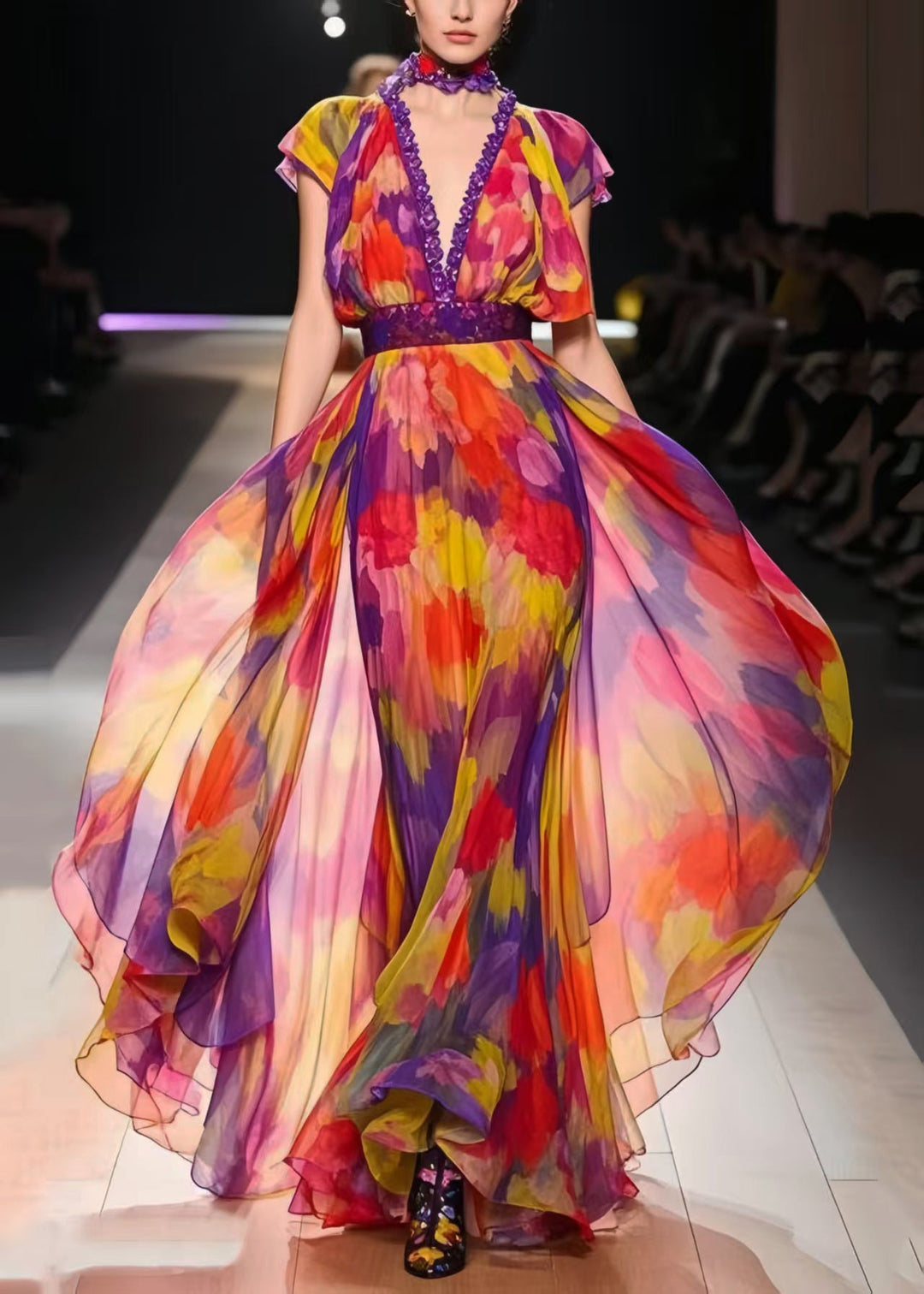 Italian Rainbow Cinched Print Chiffon Dress Summer