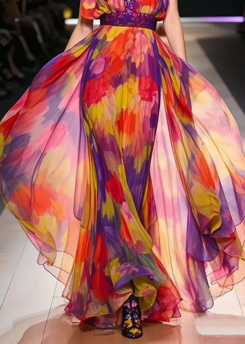Italian Rainbow Cinched Print Chiffon Dress Summer