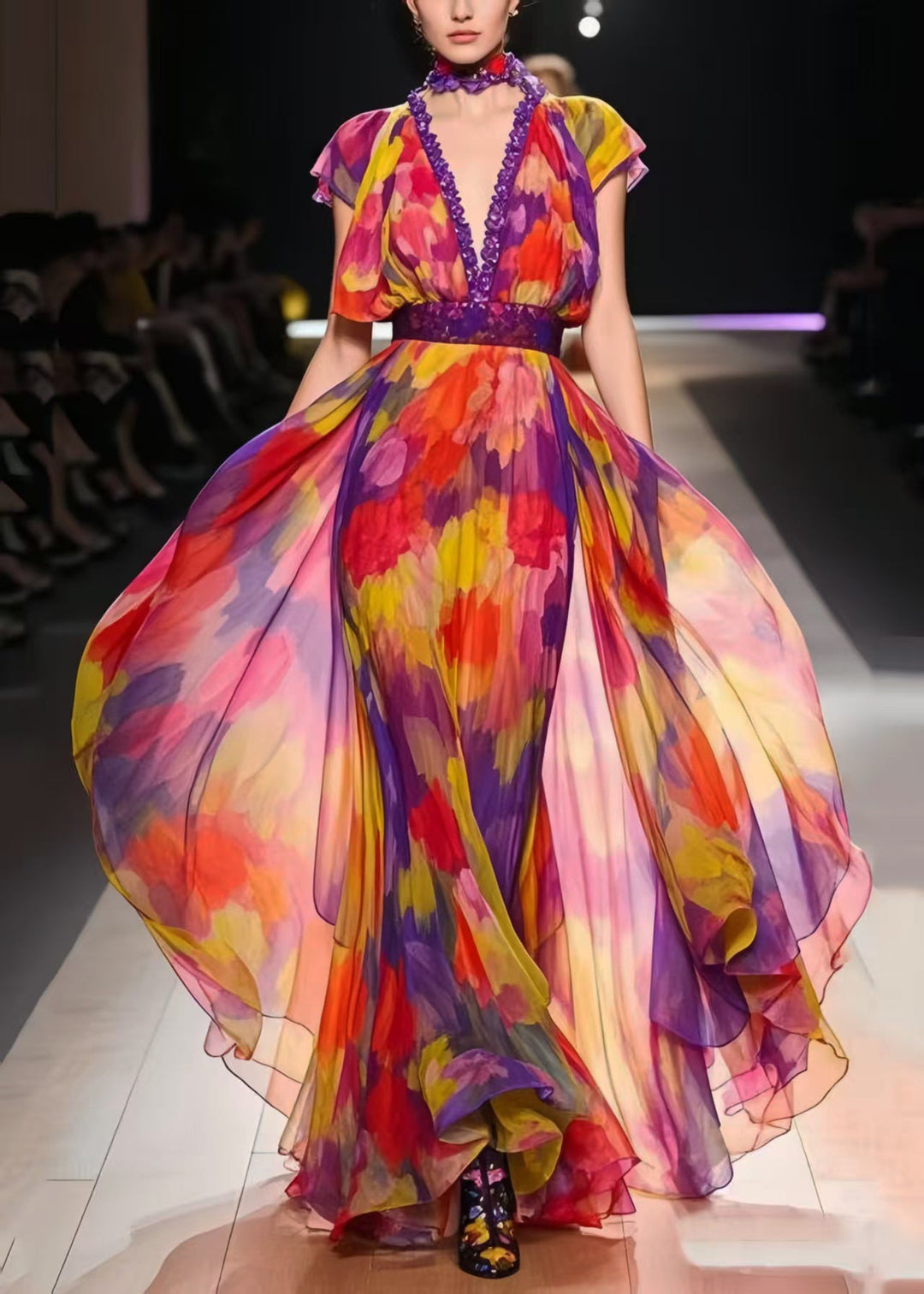 Italian Rainbow Cinched Print Chiffon Dress Summer