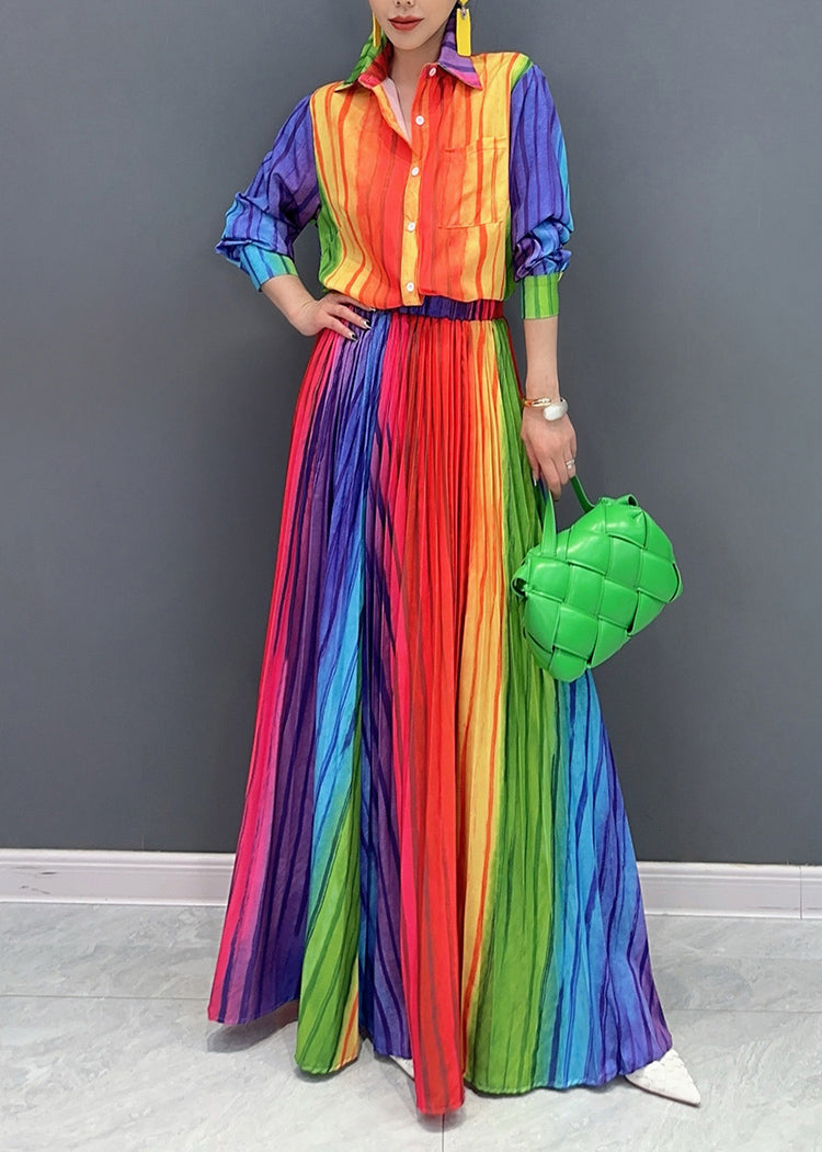 Italian Rainbow Striped Cotton Pleated Two Pieces Set Fall