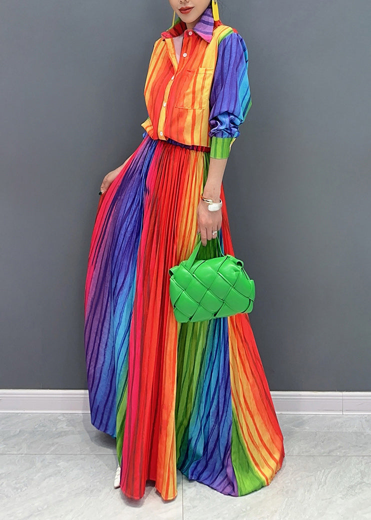 Italian Rainbow Striped Cotton Pleated Two Pieces Set Fall