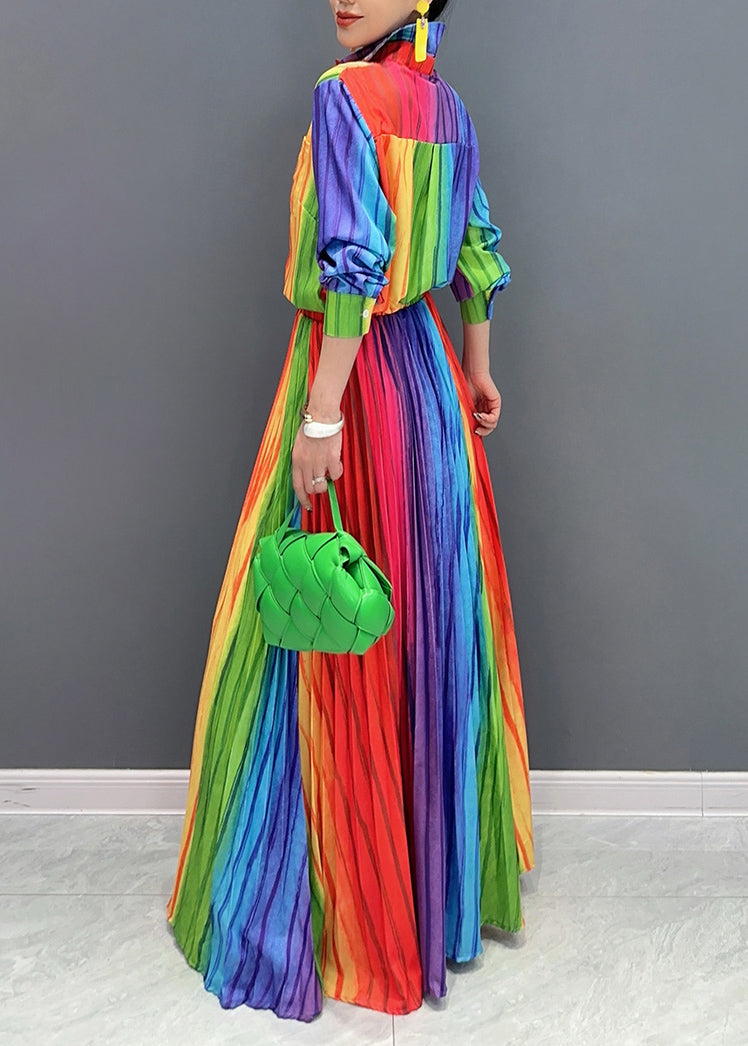 Italian Rainbow Striped Cotton Pleated Two Pieces Set Fall