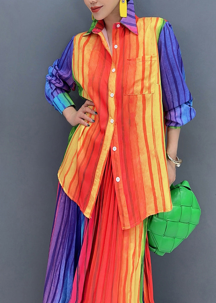 Italian Rainbow Striped Cotton Pleated Two Pieces Set Fall