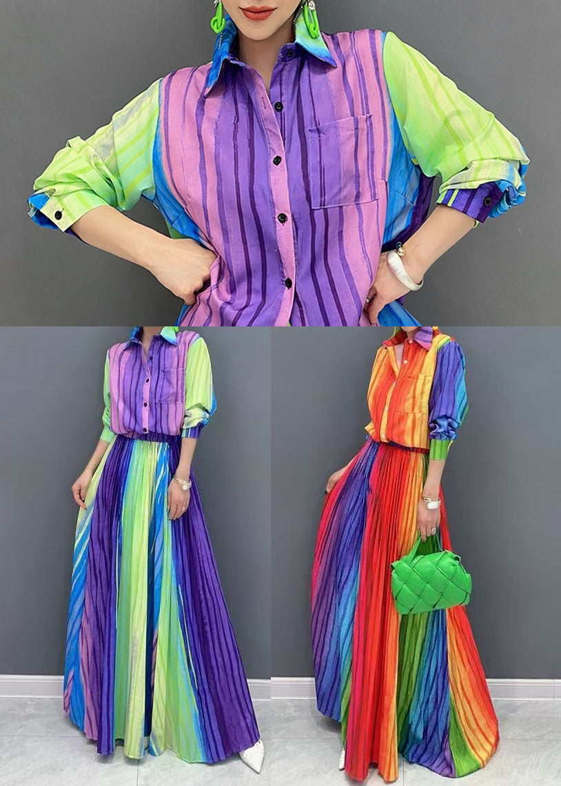 Italian Rainbow Striped Cotton Pleated Two Pieces Set Fall