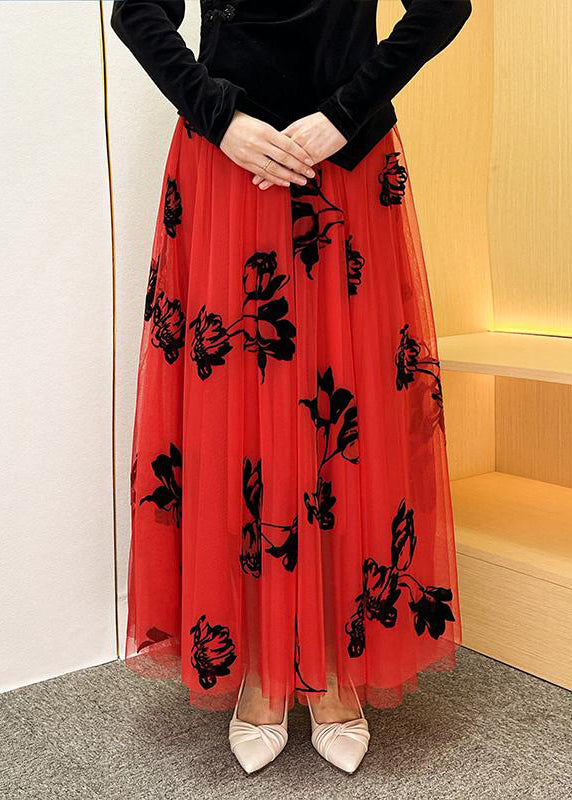Italian Red Embroidered Elastic Waist Tulle Maxi Skirts Summer