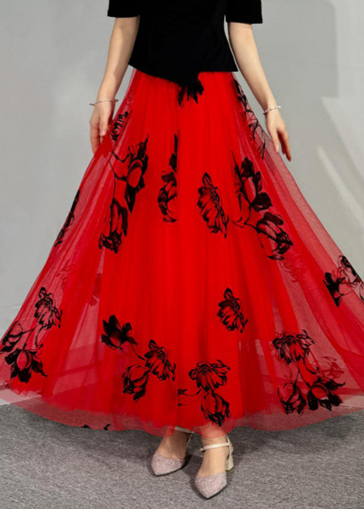 Italian Red Embroidered Elastic Waist Tulle Maxi Skirts Summer