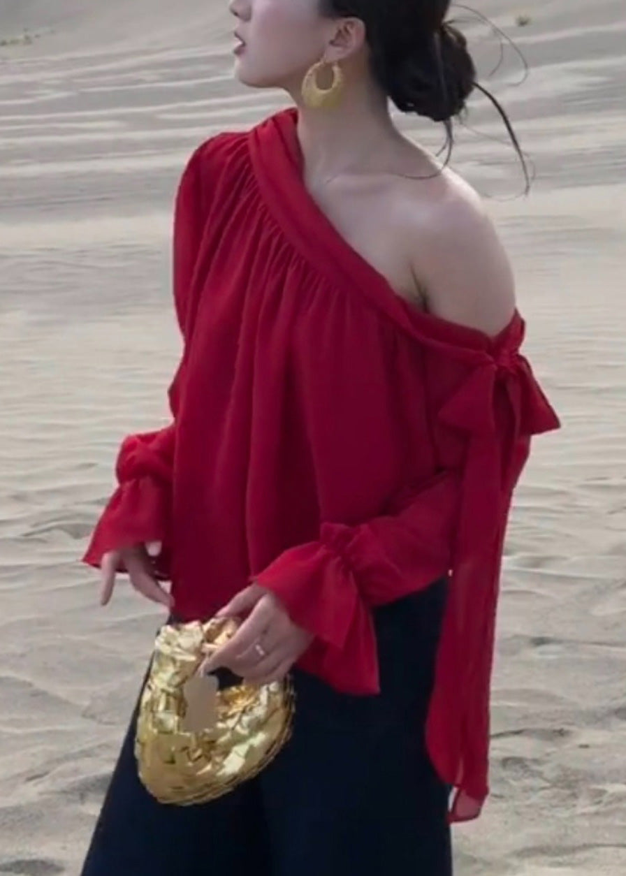 Italian Red One Shoulder Draping Chiffon Shirt Top Fall