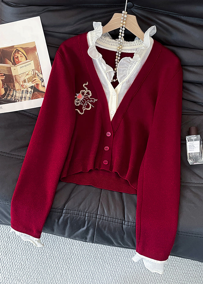 Italian Red Ruffled False Two Pieces Patchwork Knit Sweaters Fall