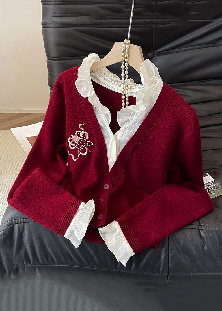 Italian Red Ruffled False Two Pieces Patchwork Knit Sweaters Fall