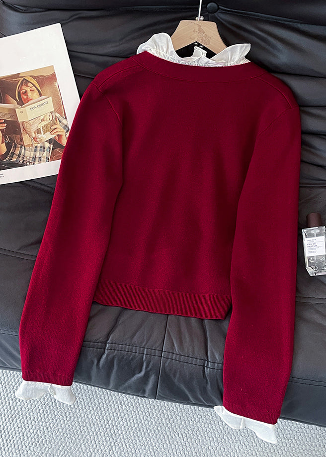 Italian Red Ruffled False Two Pieces Patchwork Knit Sweaters Fall