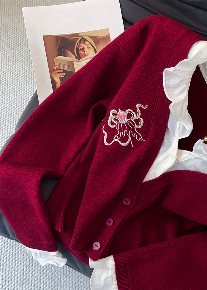 Italian Red Ruffled False Two Pieces Patchwork Knit Sweaters Fall