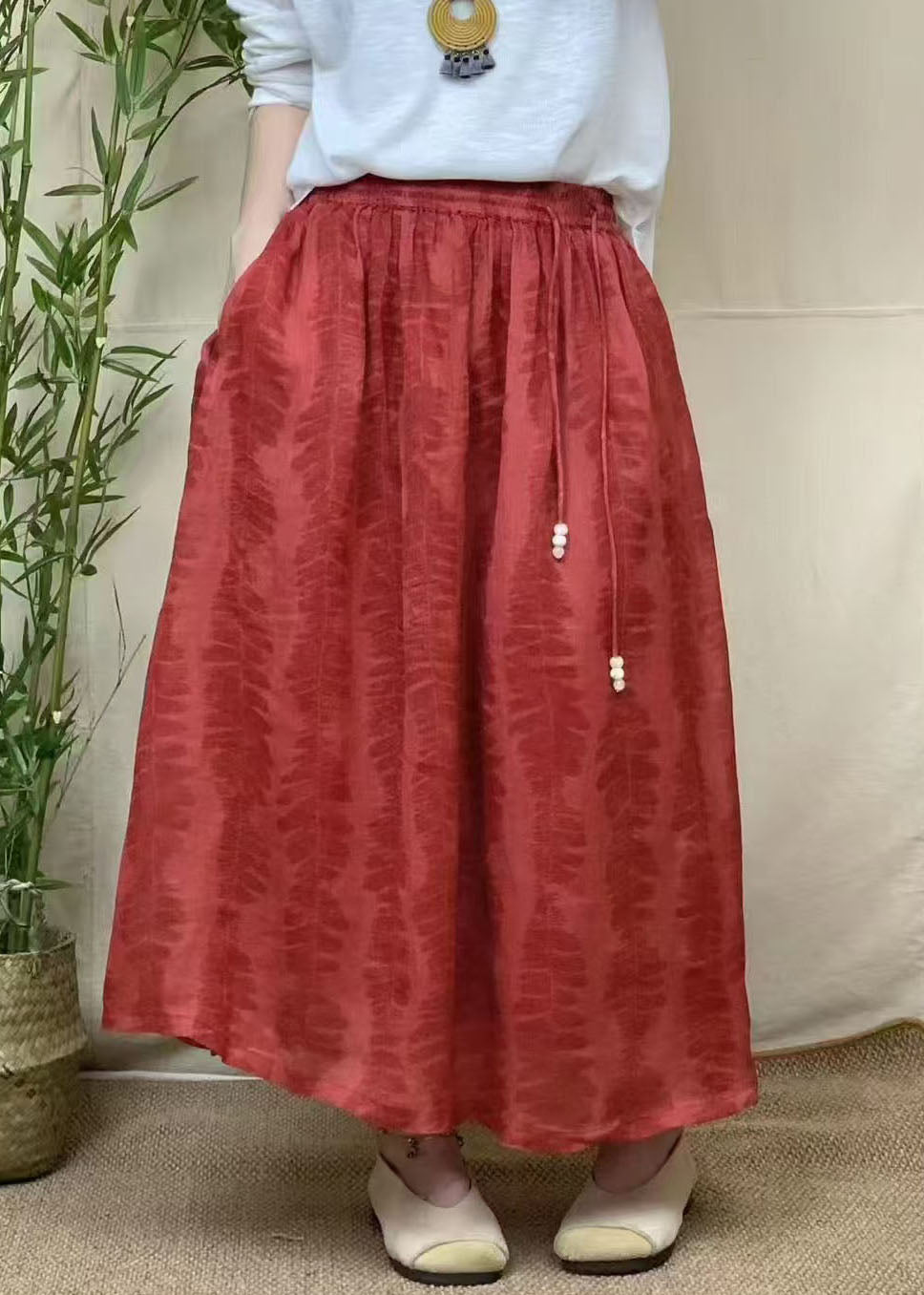 Italian Red Tasseled Jacquard Linen Skirts Summer
