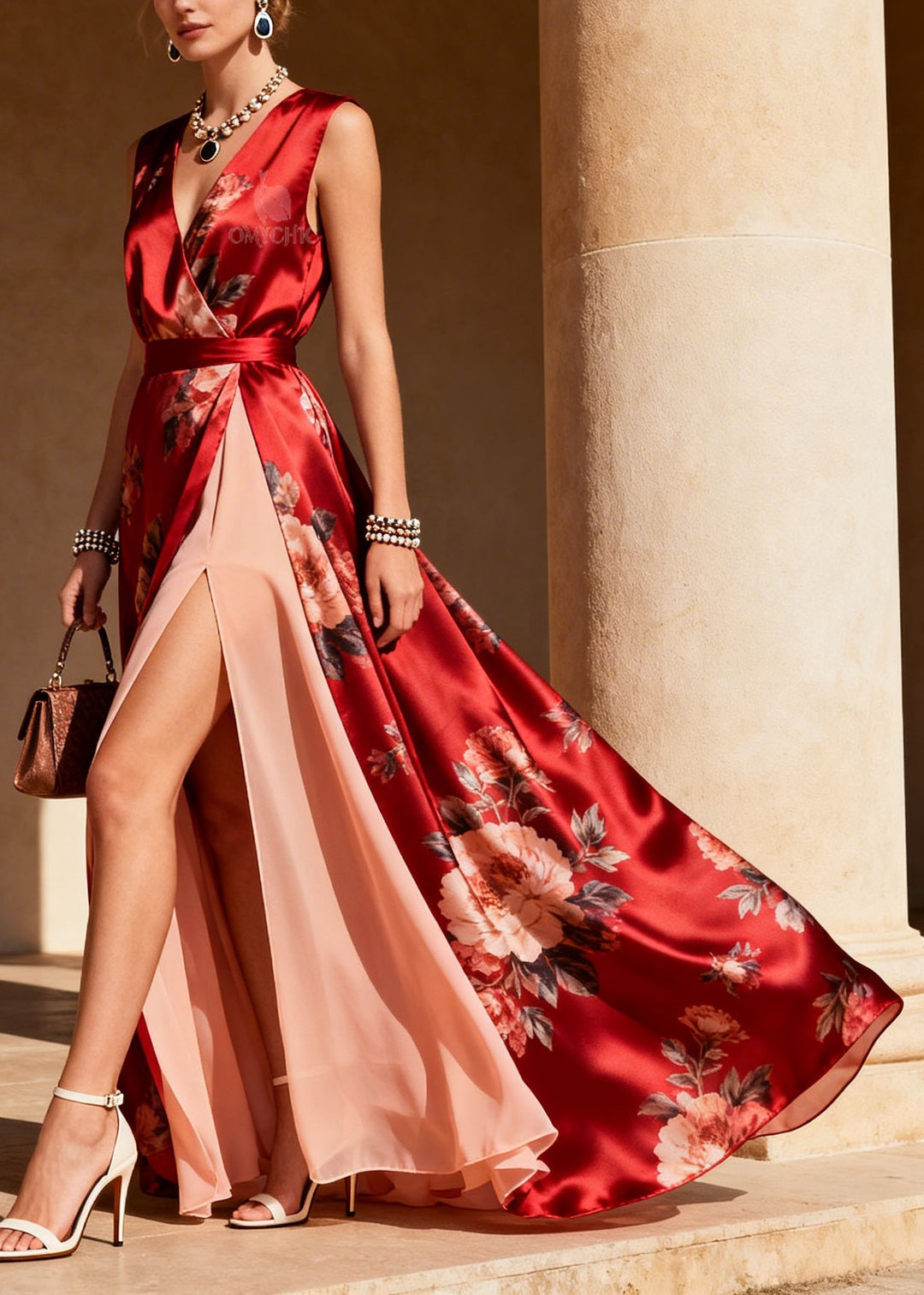 Italian Red V Neck Print Patchwork Chiffon Maxi Dresses Sleeveless