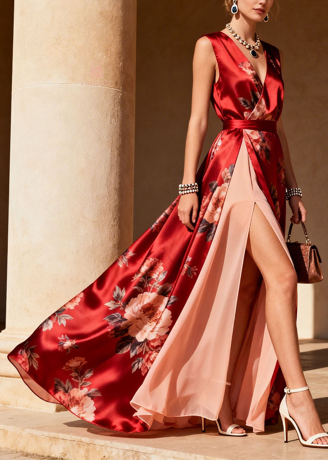 Italian Red V Neck Print Patchwork Chiffon Maxi Dresses Sleeveless
