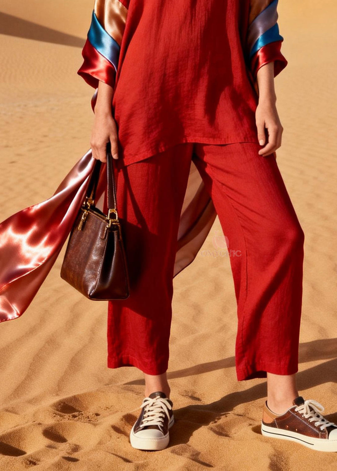 Italian Red V Neck Silk Patchwork Linen Two Piece Set Outfits Summer