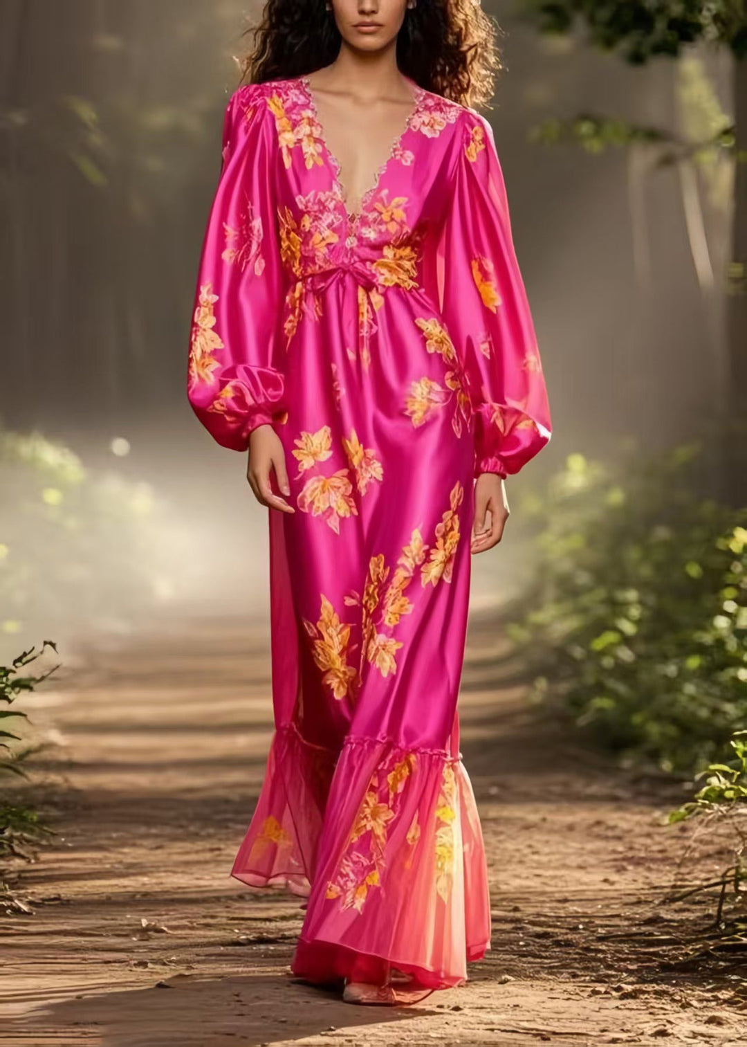 Italian Rose Cinched Print Silk Robe Dresses Spring