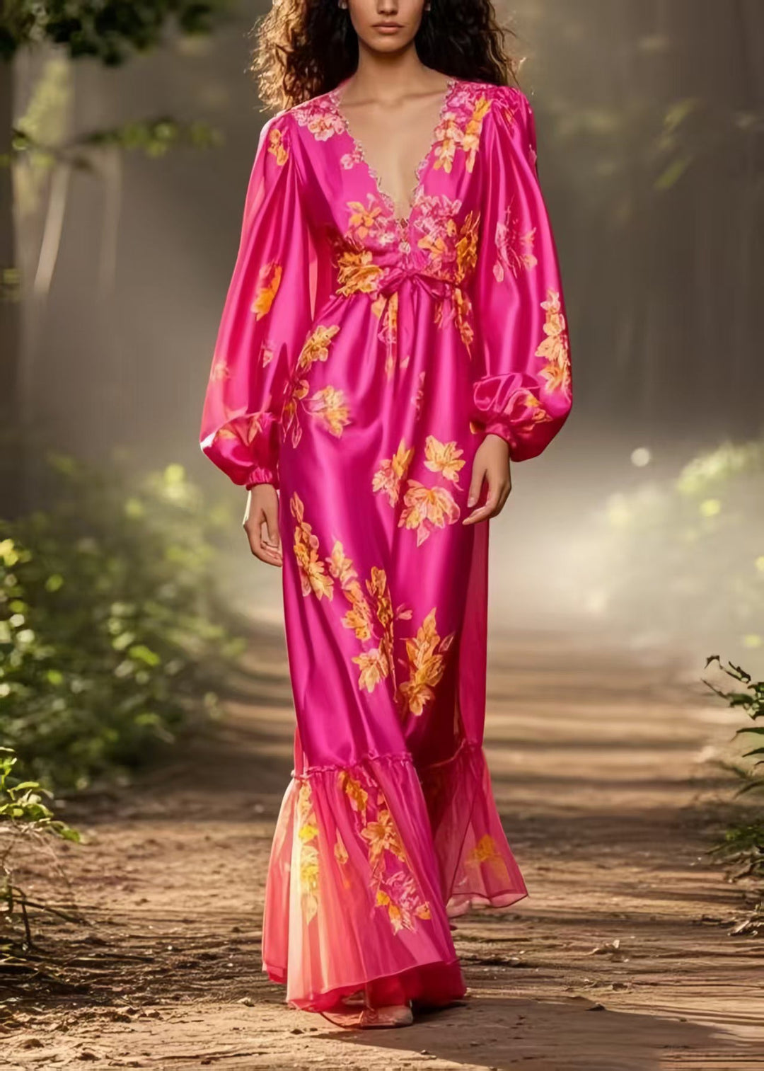 Italian Rose Cinched Print Silk Robe Dresses Spring