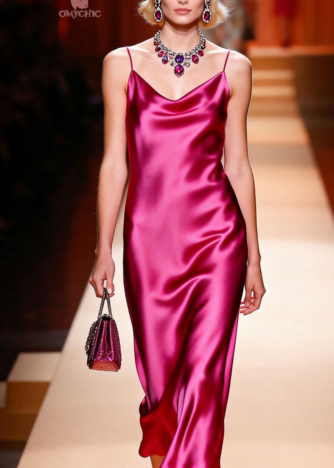 Italian Rose Draping Silk Spaghetti Strap Dress Summer