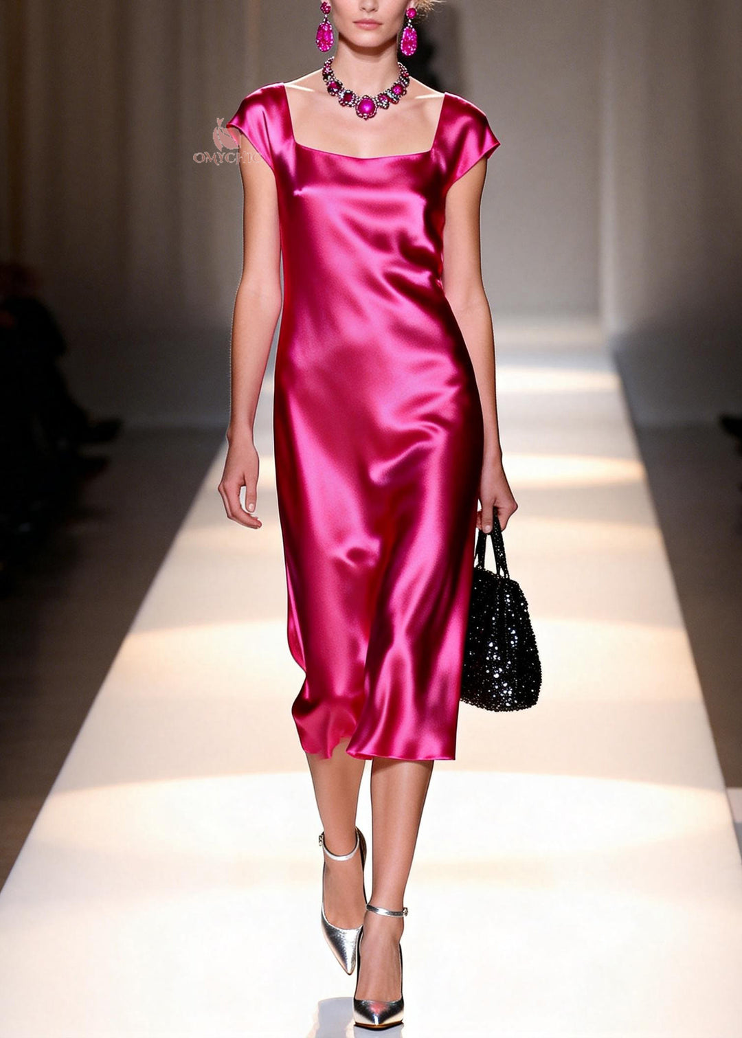 Italian Rose Square Collar Silk Draping Dress Summer