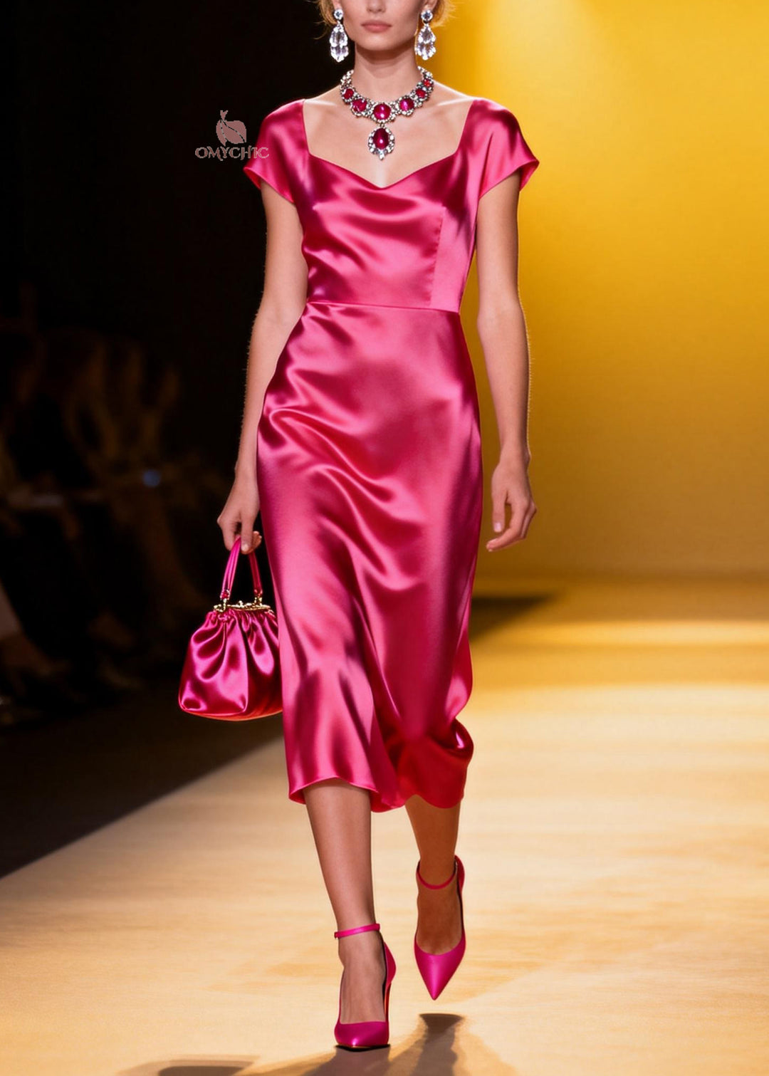 Italian Rose V Neck Patchwork Draping Silk Dresses Summer