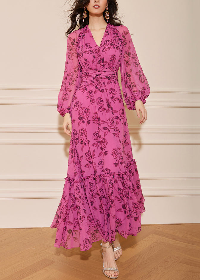 Italian Rose V Neck Ruffled Print Silk Long Dresses Fall