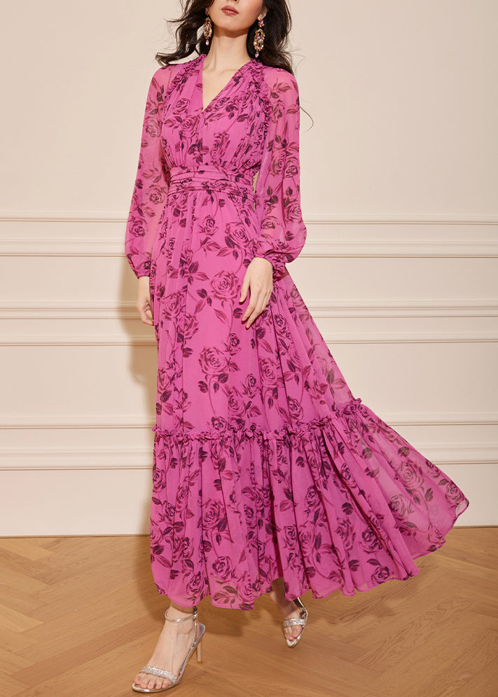 Italian Rose V Neck Ruffled Print Silk Long Dresses Fall