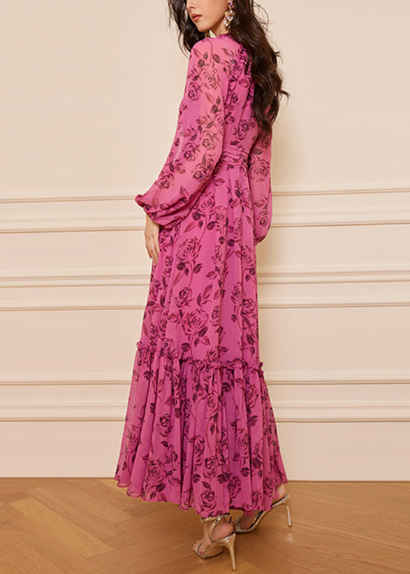 Italian Rose V Neck Ruffled Print Silk Long Dresses Fall