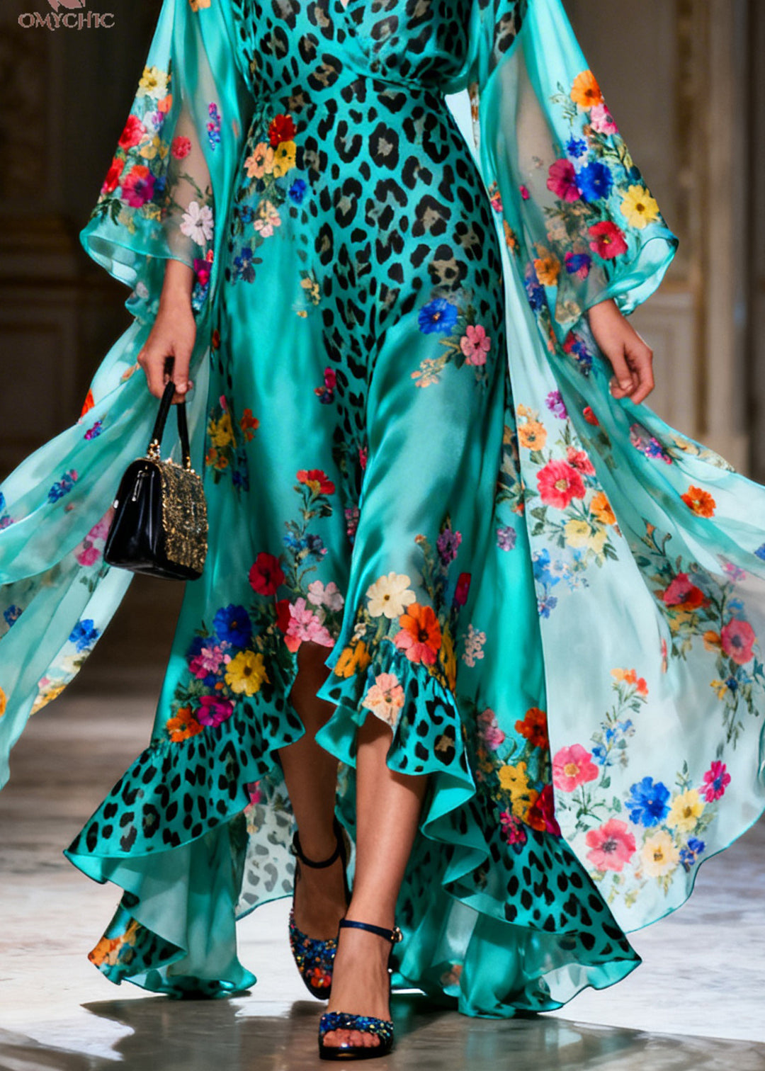 Italian Ruffled Asymmetrical Design Print Silk Ankle Dress Summer