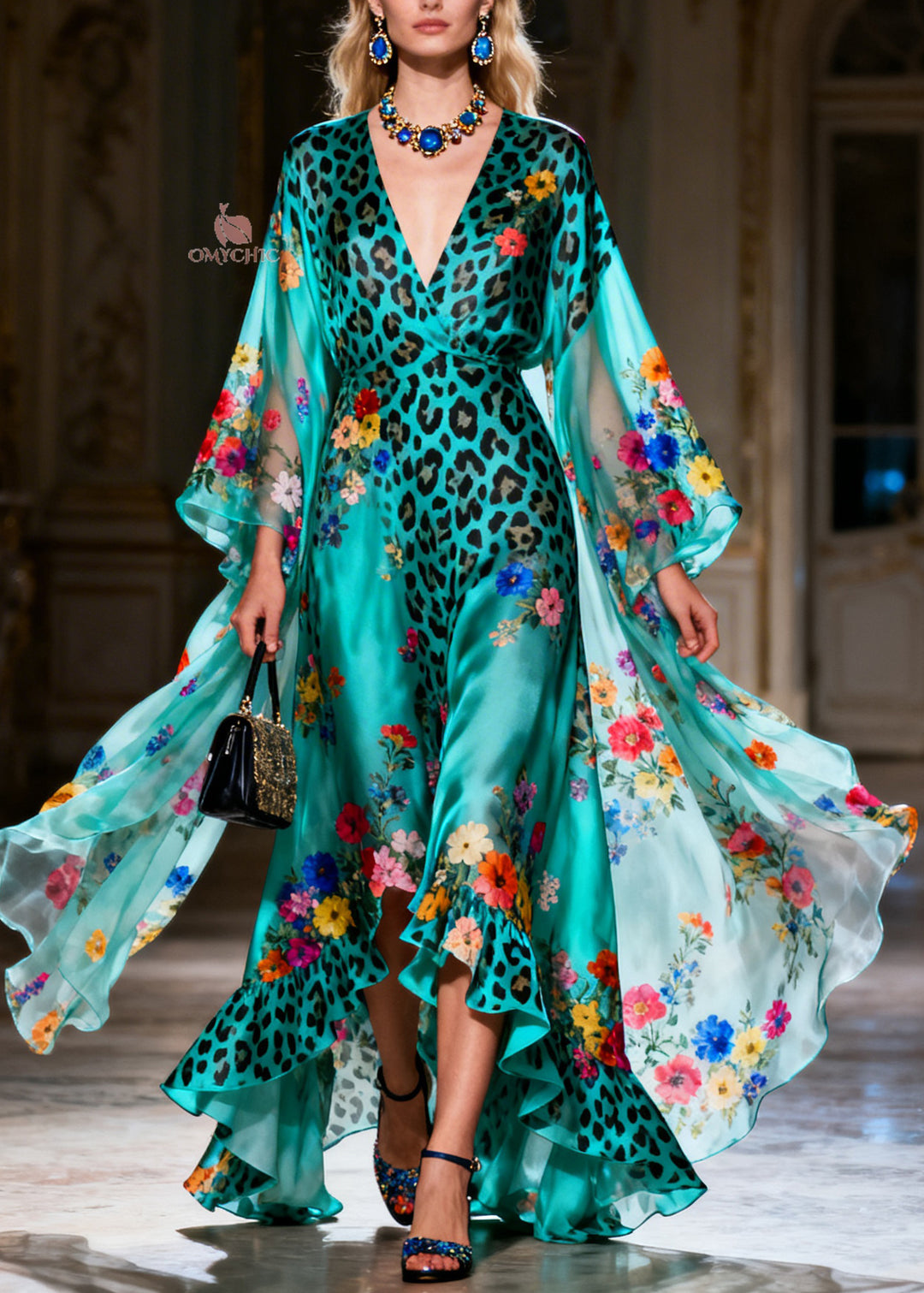 Italian Ruffled Asymmetrical Design Print Silk Ankle Dress Summer