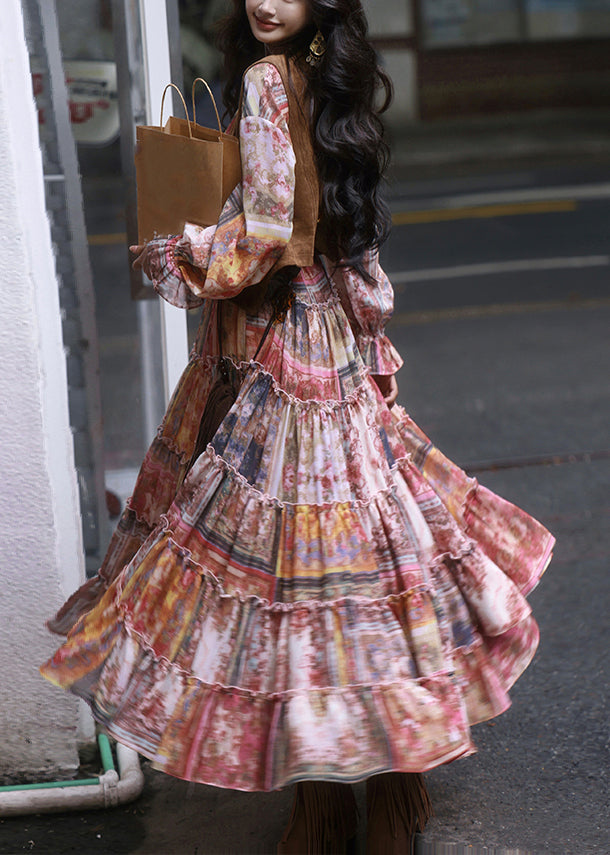 Italian Ruffled Print Lace Up Chiffon Maxi Dress Fall