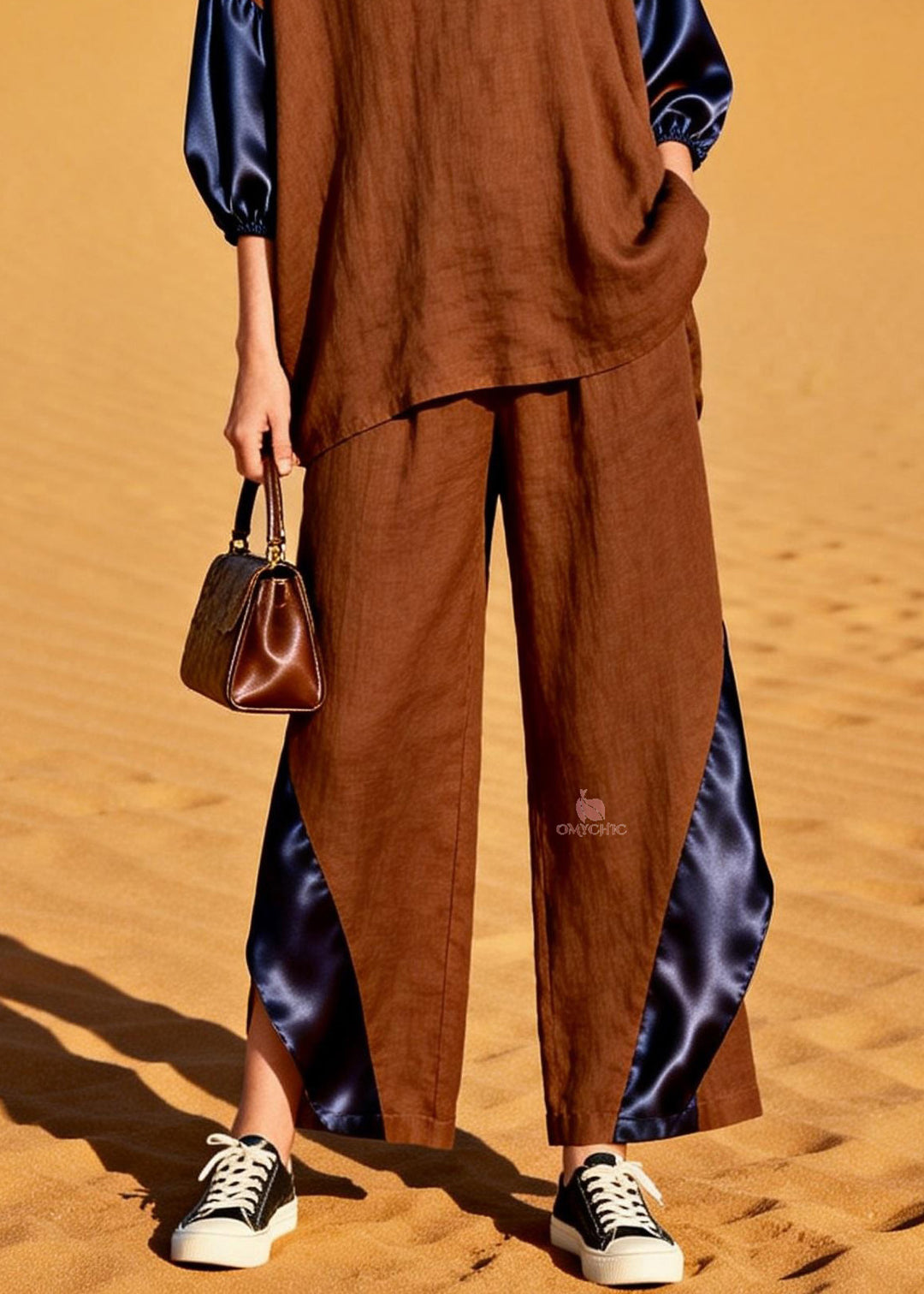 Italian Sailor Collar Patchwork Linen Silk Two Pieces Set Spring