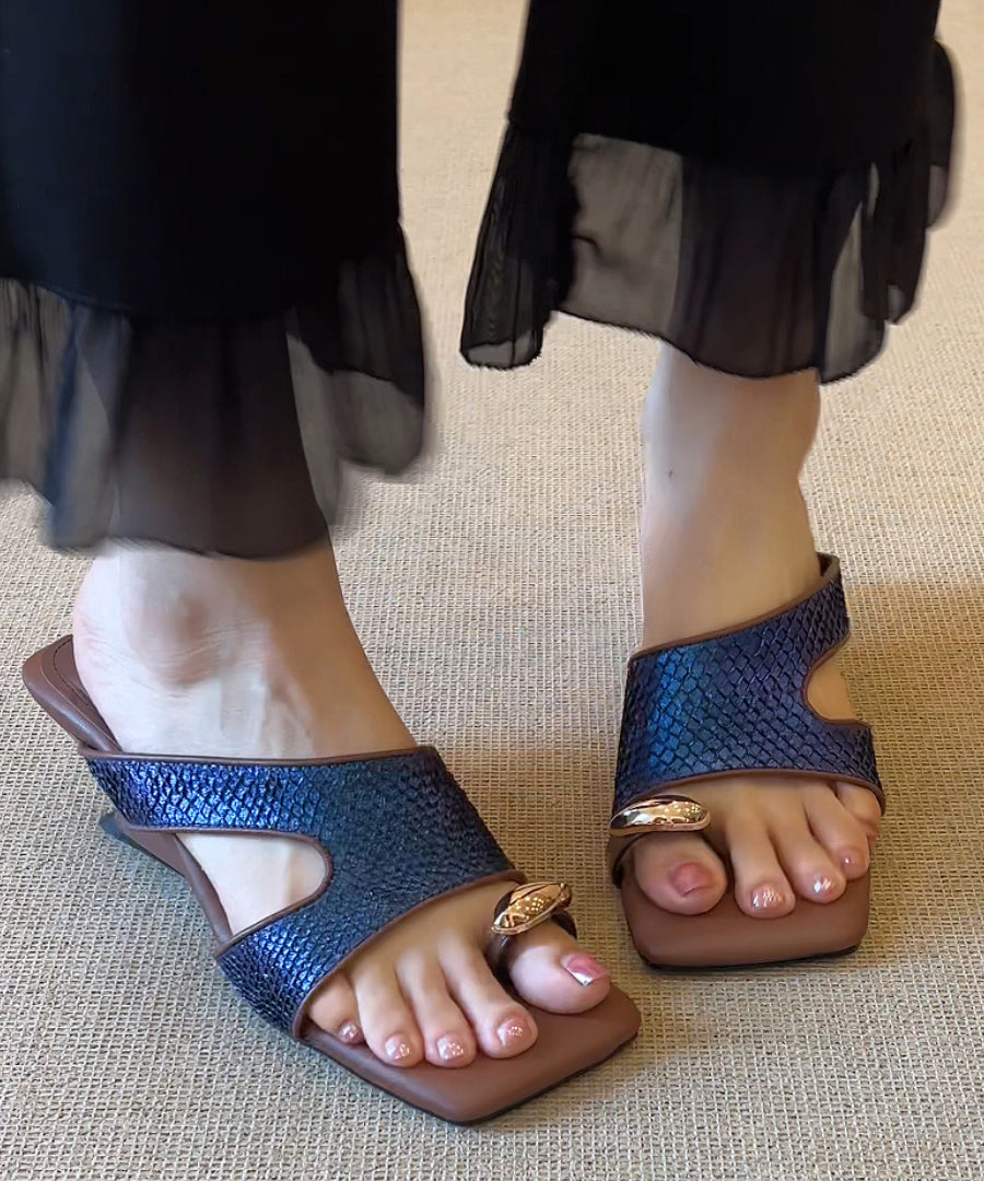 Italian Silver Faux Leather Wedge Slide Sandals Peep Toe