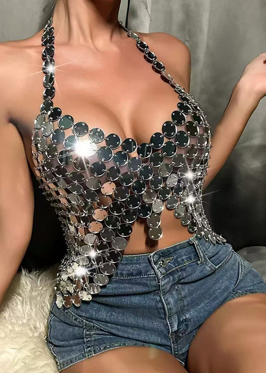 Italian Silver Sequins Halter Cut Out Backless Tank Tops Sleeveless