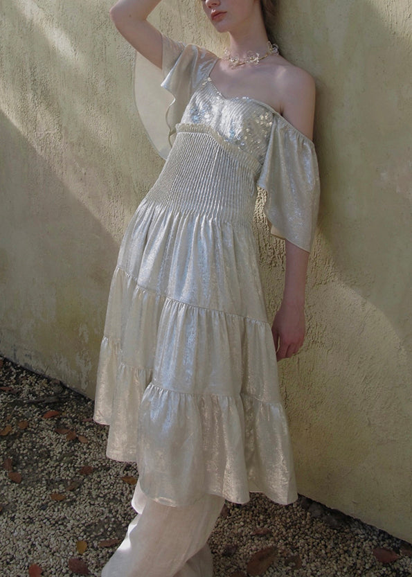 Italian Silver Sequins Ruffled Chiffon Long Dress Butterfly Sleeve
