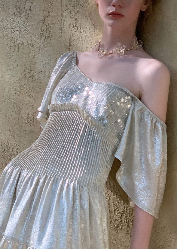 Italian Silver Sequins Ruffled Chiffon Long Dress Butterfly Sleeve