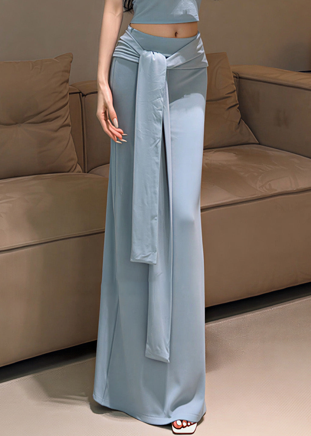 Italian Sky Blue Wraped Cotton Straight Skirts Spring