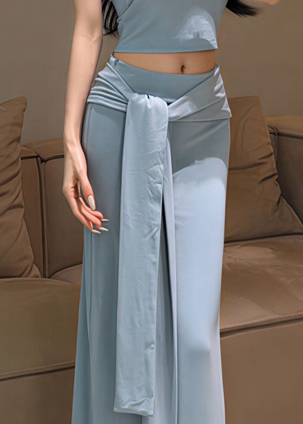 Italian Sky Blue Wraped Cotton Straight Skirts Spring
