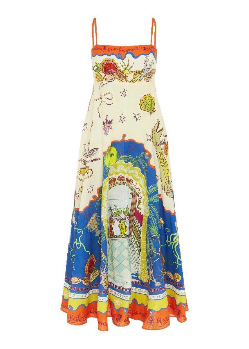 Italian Slash Neck Long Spaghetti Strap Dress Sleeveless