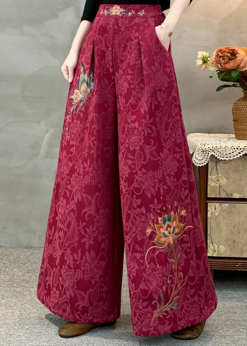 Italian Tea Green Embroidered Jacquard Warm Fleece Wide Leg Pants Winter