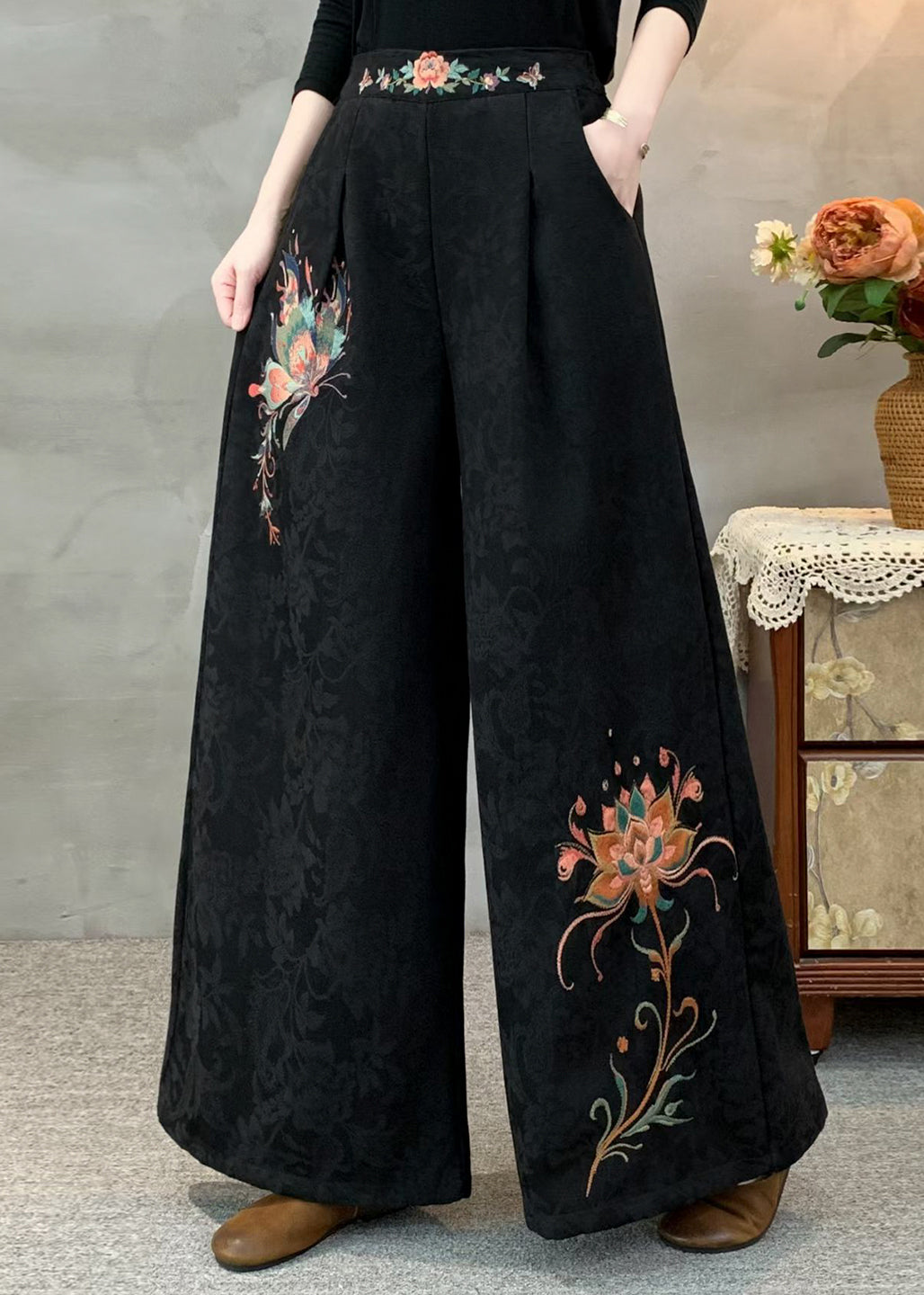 Italian Tea Green Embroidered Jacquard Warm Fleece Wide Leg Pants Winter