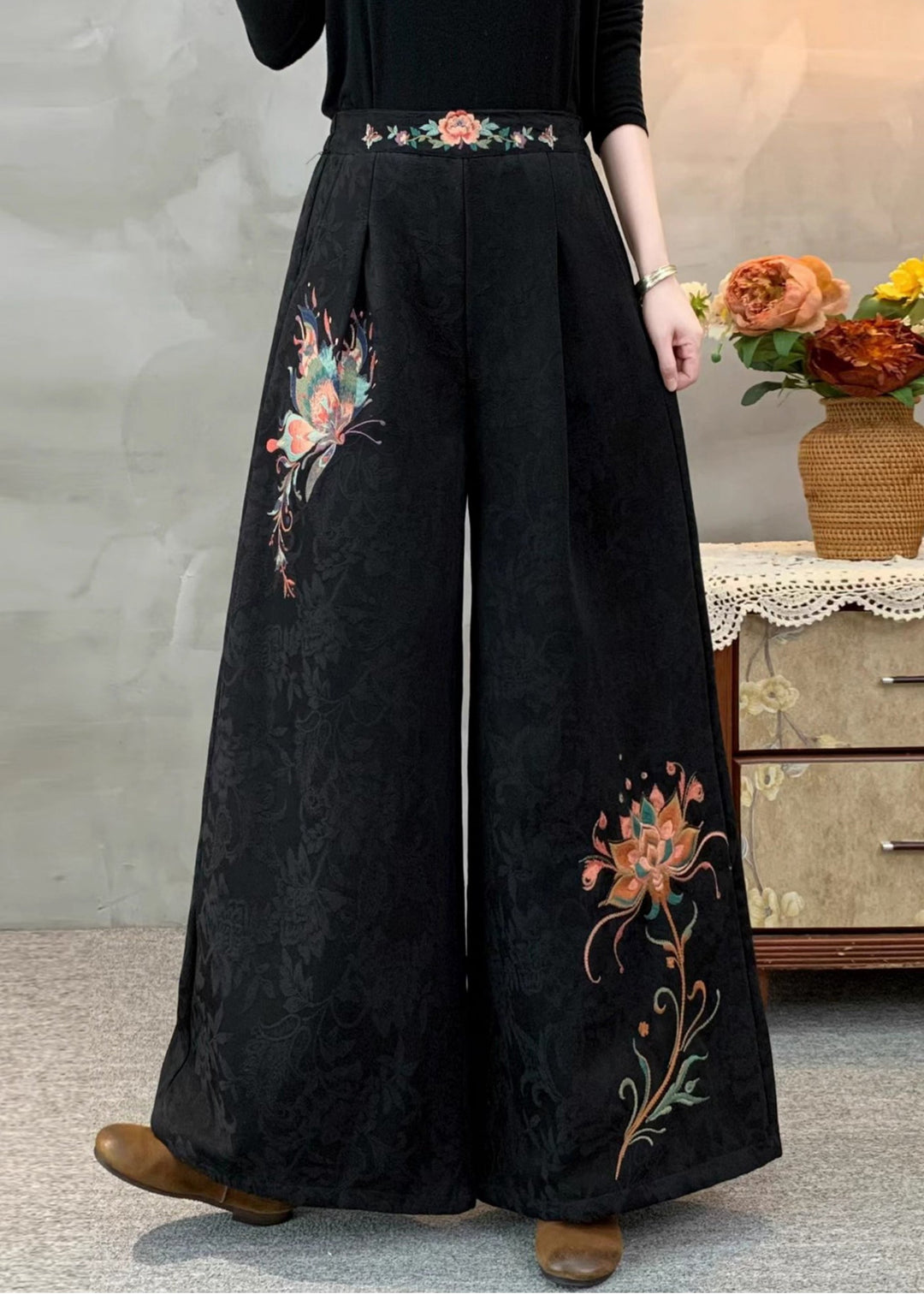 Italian Tea Green Embroidered Jacquard Warm Fleece Wide Leg Pants Winter