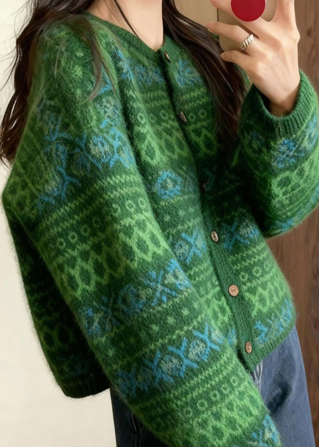 Italian Tea Green Oversized Print Knit Cardigan Winter