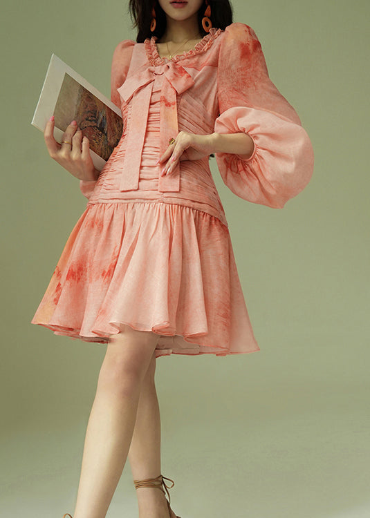 Italian Tie Dye Ruffled Wrinkled Bow Cotton Dress Puff Sleeve