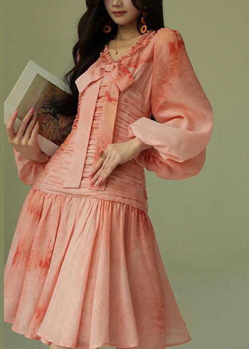 Italian Tie Dye Ruffled Wrinkled Bow Cotton Dress Puff Sleeve